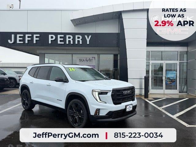 2026 GMC Acadia AWD Elevation in Glacier White Tricoat — front three-quarter view